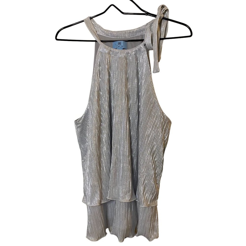 New‎ Cece Metallic Silver layered tank top with tie neck Sz L